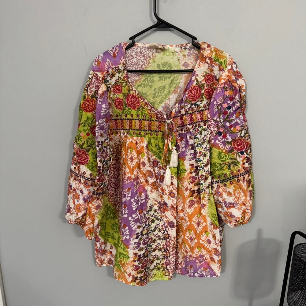Savanna Jane Patchwork Multi Pattern Boho Top Wom… - image 1